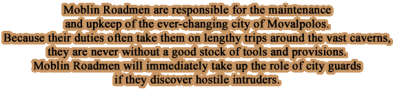 Moblin Roadmen are responsible for the maintenance and upkeep of the ever-changing city of Movalpolos. Because their duties often take them on lengthy trips around the vast caverns, they are never without a good stock of tools and provisions. Moblin Roadmen will immediately take up the role of city guards if they discover hostile intruders.