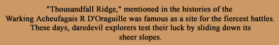 Thousandfall Ridge, mentioned in the histories of Warking Ashfarg, was famous as a site for the fiercest battles. Even now, there are daredevil explorers who test their luck by sliding down its sheer slopes.